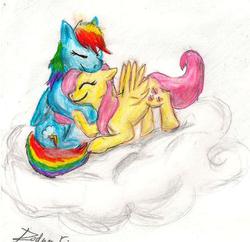 Size: 886x858 | Tagged: safe, artist:rodney5, fluttershy, rainbow dash, g4, cloud, female, lesbian, ship:flutterdash, shipping