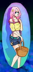 Size: 768x1658 | Tagged: safe, artist:ange4l, fluttershy, human, g4, basket, clothes, female, humanized, midriff, shorts, solo