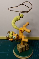 Size: 2178x3233 | Tagged: safe, artist:atryl, artist:the-lag-master, applejack, g4, action pose, balancing, craft, female, figure, hay, hay bale, high res, lasso, open mouth, prehensile tail, rope, sculpture, smiling, solo