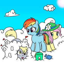 Size: 1000x1000 | Tagged: safe, artist:dexiom, artist:madmax, derpy hooves, fluttershy, rainbow dash, g4, cloud, cloudy, colored, cute, derpabetes, filly, younger
