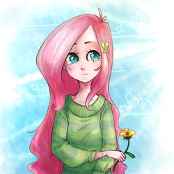 Size: 1000x1000 | Tagged: safe, artist:ange4l, fluttershy, human, g4, clothes, crying, female, flower, humanized, solo, sweater, sweatershy