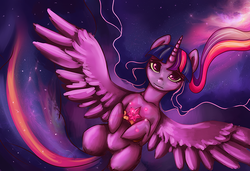 Size: 731x500 | Tagged: safe, artist:inkeed, twilight sparkle, alicorn, pony, g4, female, flying, mare, solo, space, spread wings, twilight sparkle (alicorn)