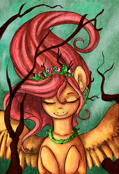 Size: 500x731 | Tagged: safe, artist:inkeed, fluttershy, g4, eyes closed, female, flower, solo, spread wings