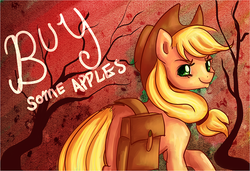 Size: 730x500 | Tagged: safe, artist:inkeed, applejack, g4, >:), apple, buy some apples, female, looking at you, looking back, saddle bag, smiling, smirk, solo, that pony sure does love apples