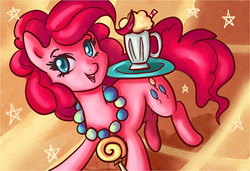 Size: 730x500 | Tagged: safe, artist:inkeed, pinkie pie, g4, female, milkshake, necklace, serving tray, solo