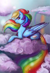 Size: 500x730 | Tagged: safe, artist:inkeed, rainbow dash, g4, annoyed, cloud, cloudy, female, prone, solo