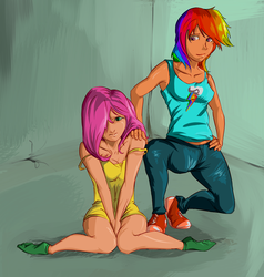 Size: 2000x2100 | Tagged: safe, artist:mysterious44, fluttershy, rainbow dash, human, g4, clothes, converse, high res, humanized, shoes