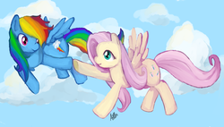 Size: 1043x591 | Tagged: safe, artist:aellos, fluttershy, rainbow dash, g4, flying