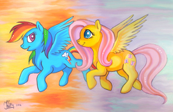 Size: 900x584 | Tagged: safe, artist:fur-kotka, fluttershy, rainbow dash, g4, flying, traditional art