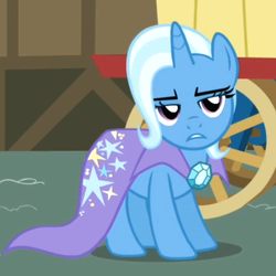 Size: 400x400 | Tagged: safe, screencap, trixie, boast busters, g4, bored, disappointed, trixie's wagon, wagon, wheel