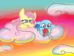 Size: 1024x768 | Tagged: safe, artist:lianzapa, fluttershy, rainbow dash, g4, cloud, cloudy, female, solo, upside down