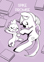 Size: 1200x1709 | Tagged: safe, artist:pash_hn, spike, twilight sparkle, alicorn, pony, g4, female, mare, monochrome, pixiv, sleeping, twilight sparkle (alicorn)