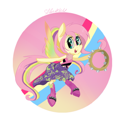 Size: 900x900 | Tagged: safe, artist:silbersternenlicht, fluttershy, pegasus, anthro, equestria girls, g4, my little pony equestria girls: rainbow rocks, arm hooves, clothes, equestria girls outfit, female, heart eyes, musical instrument, rainbow rocks outfit, solo, tambourine, wingding eyes