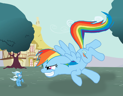 Size: 1600x1245 | Tagged: safe, artist:final7darkness, rainbow dash, trixie, pony, g4, alicorn amulet, amulet, duo, evil smile, eye contact, face to face, giant pony, giantess, looking at each other, macro, request, requested art, scared