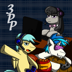 Size: 600x600 | Tagged: safe, artist:olificus, dj pon-3, octavia melody, sunshower raindrops, vinyl scratch, g4, computer, controller, headset