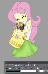 Size: 424x649 | Tagged: safe, artist:tokatl, discord, fluttershy, equestria girls, g4, my little pony equestria girls: rainbow rocks, perfect day for fun, clothes, female, hug, implied discoshy, implied shipping, implied straight, male, plushie, skirt, solo, tank top