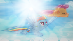 Size: 1920x1080 | Tagged: safe, artist:aelioszero, artist:icewindow, rainbow dash, scootaloo, g4, sleepless in ponyville, cloud, cloudy, flying, held up, lens flare, scootalove, vector, wallpaper
