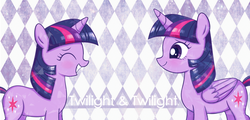Size: 1456x700 | Tagged: safe, artist:dyql11, twilight sparkle, alicorn, pony, unicorn, g4, adorkable, cute, dork, duality, duo, eyes closed, female, height difference, mare, older, pixiv, self ponidox, smiling, solo, time paradox, twiabetes, twilight sparkle (alicorn), unicorn twilight