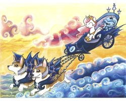 Size: 3598x2878 | Tagged: safe, artist:catscratchpaper, princess celestia, princess luna, alicorn, corgi, dog, pony, g4, chariot, filly, high res, luna's chariot, pink-mane celestia, pouting, traditional art, woona, younger