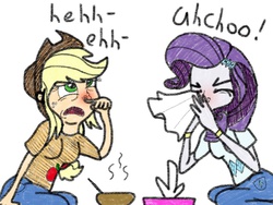 Size: 1024x768 | Tagged: safe, artist:rare-rarity-fan, applejack, rarity, human, g4, cold, duo, humanized, nose blowing, nostril flare, pre sneeze, red nosed, sick, sneezing, sneezing fetish, soup, tissue, tissue box