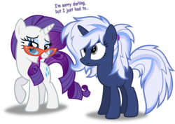 Size: 2166x1532 | Tagged: safe, artist:zacatron94, rarity, oc, oc:silverlay, original species, pony, umbra pony, unicorn, g4, alternate hairstyle, duo, female, glasses, mare, rarity's glasses, simple background, transparent background