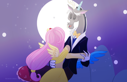 Size: 1024x665 | Tagged: safe, artist:morgwaine, discord, fluttershy, anthro, fanfic:bride of discord, g4, female, male, ship:discoshy, shipping, straight