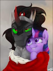 Size: 869x1171 | Tagged: safe, artist:mickeymonster, artist:mn27, king sombra, twilight sparkle, pony, g4, :t, bedroom eyes, cape, clothes, cuddling, duo, female, frown, grin, lip bite, male, raised eyebrow, ship:twibra, shipping, smiling, snuggling, squishy cheeks, straight, unamused