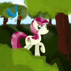 Size: 800x800 | Tagged: safe, artist:chanceyb, roseluck, bird, blue jay, earth pony, pony, g4, female, forest, raised hoof, rose, solo