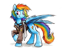 Size: 731x569 | Tagged: safe, artist:kenket, rainbow dash, g4, clothes, female, goggles, jacket, large wings, messy mane, scarf, solo