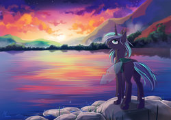 Size: 1024x718 | Tagged: safe, artist:margony, oc, oc only, changeling, changeling oc, lake, reflection, rock, scenery, solo, stars, sun, water