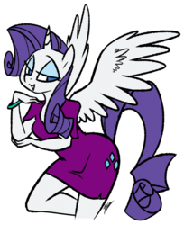 Size: 590x724 | Tagged: safe, artist:egophiliac, artist:venezolanbrony, edit, rarity, alicorn, anthro, g4, bedroom eyes, bracelet, clothes, dress, fabulous, female, looking at you, open mouth, race swap, raricorn, simple background, smiling, solo, spread wings, transparent background, vector