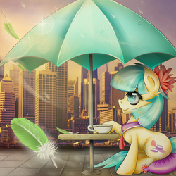 Size: 2000x2000 | Tagged: safe, artist:thetarkaana, coco pommel, earth pony, pony, g4, cafe, city, cityscape, cup, feather, female, flower, flower in hair, high res, looking away, looking up, manehattan, mare, outdoors, profile, rain, sitting, smiling, solo, table, umbrella
