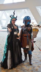 Size: 3376x6000 | Tagged: safe, discord, queen chrysalis, human, bronycon, g4, cosplay, decapitated, head, irl, irl human, mandalorian, photo, severed head, star wars