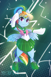 Size: 400x600 | Tagged: safe, artist:mochaspar, rainbow dash, pegasus, pony, g4, bipedal, bowtie, clothes, cosplay, female, mare, sailor jupiter, sailor moon (series), signature, skirt, socks, solo, watermark