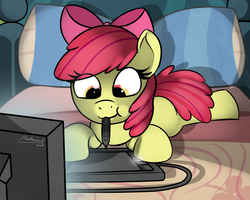 Size: 2500x2000 | Tagged: safe, artist:malamol, apple bloom, g4, drawing, female, high res, mouth hold, solo, stylus, tablet