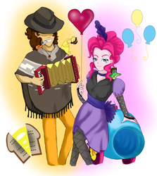 Size: 740x830 | Tagged: safe, artist:gamblingfoxinahat, boneless, cheese sandwich, gummy, pinkie pie, human, g4, balloon, humanized, party cannon, saloon dress, saloon pinkie