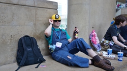 Size: 6000x3376 | Tagged: safe, human, bronycon, cosplay, engineer, engineer (tf2), irl, irl human, photo, relaxing, soda, team fortress 2