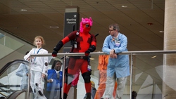 Size: 6000x3376 | Tagged: safe, pinkie pie, human, bronycon, g4, 2014, convention, cosplay, deadpool, irl, irl human, photo, stare