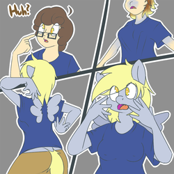 Size: 700x700 | Tagged: safe, artist:koportable, derpy hooves, human, pegasus, anthro, g4, clothes, dock, glasses, human male, human to anthro, male, male to female, rule 63, shirt, solo, t-shirt, transformation, transgender transformation, wings