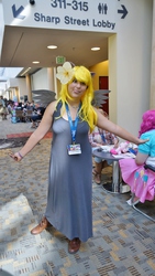 Size: 3376x6000 | Tagged: safe, derpy hooves, human, bronycon, g4, 2014, convention, cosplay, flower, irl, irl human, photo, solo