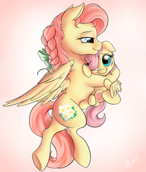 Size: 2800x3300 | Tagged: safe, artist:nobody47, fluttershy, oc, oc:fluttershy's mom, g4, carrying, cute, filly, flutterlove, high res, shyabetes, simple background, smiling, underhoof, younger