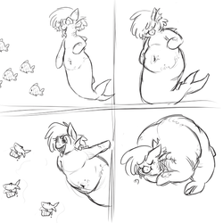 Size: 600x600 | Tagged: safe, artist:cottoncloudy, oc, oc only, oc:cotton cloudy, fish, mermaid, merpony, original species, shark, shark pony, belly button, chubby, comic, cupcake, fat, fat fetish, fetish, food, monochrome, multiple prey, predation, rule 63, weight gain