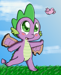 Size: 730x900 | Tagged: safe, artist:diamond--rose, spike, bird, dragon, g4, baby, baby dragon, blushing, cardboard, cardboard wings, cute, fake wings, fangs, flying, grass, green eyes, heartwarming in hindsight, hilarious in hindsight, it happened, male, spikabetes, wings