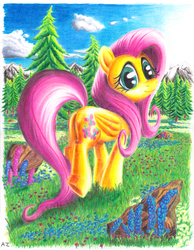 Size: 2550x3292 | Tagged: safe, artist:uminanimu, fluttershy, g4, female, high res, looking at you, scenery, smiling, solo, traditional art