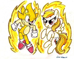 Size: 1100x888 | Tagged: safe, artist:silversimba01, rainbow dash, g4, crossover, male, sonic team, sonic the hedgehog, sonic the hedgehog (series), super rainbow dash, super rainbow dash (chaos emeralds), super sonic, traditional art