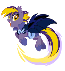 Size: 850x930 | Tagged: safe, artist:trish forstner, oc, oc only, oc:blazing star, bat pony, pony, bronycon, armor, bat pony oc, bat wings, bronycon mascots, ear fluff, fangs, female, flying, hoof shoes, looking at you, mare, night guard, open mouth, simple background, slit pupils, solo, spread wings, transparent background, wings