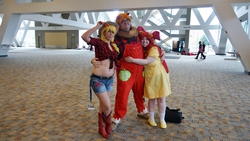 Size: 6000x3376 | Tagged: artist needed, safe, apple bloom, applejack, big macintosh, human, bronycon, g4, 2014, apple siblings, belly button, belly piercing, bellyring, clothes, convention, cosplay, front knot midriff, irl, irl human, midriff, overalls, photo, piercing, shorts