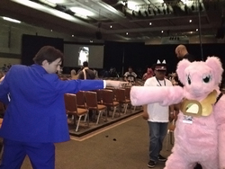 Size: 1024x768 | Tagged: artist needed, safe, oc, oc:fluffle puff, human, bronycon, 2014, ace attorney, convention, cosplay, crossover, element of tacos, fursuit, irl, irl human, phoenix wright, photo