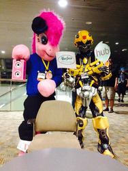Size: 540x720 | Tagged: artist needed, safe, pinkie pie, human, bronycon, g4, 2014, bumblebee (transformers), convention, cosplay, crossover, fursuit, hasbro, hubble, irl, irl human, photo, rapper pie, sign, transformers