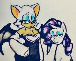 Size: 1280x1032 | Tagged: safe, artist:equestrian-strumpet, rarity, bat, g4, bedroom eyes, crossover, rouge the bat, sonic the hedgehog (series), traditional art